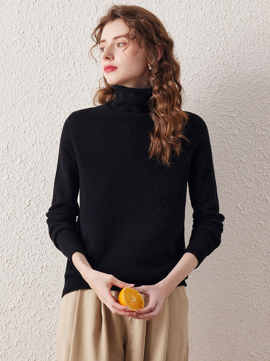 COMOBOCA BLACK 100% Wool Women's Ribbed Turtleneck Sweater