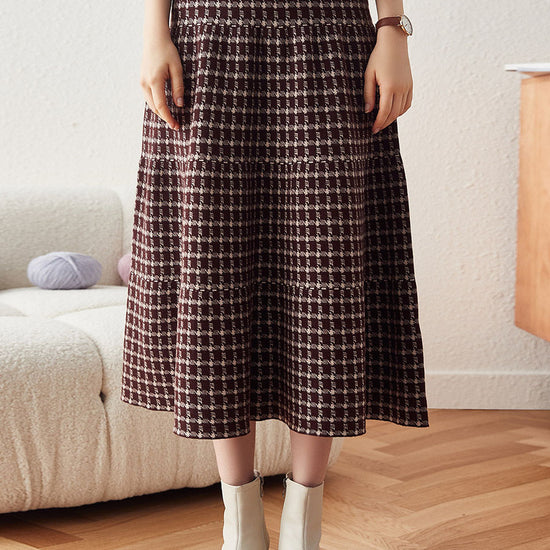 COMOBOCA Brown Women's Plaid Wool Knit A Line Skirt