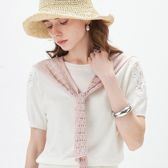 COMOBOCA Light Pink Women's Tie-Front Lace Knit Shawl