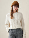 COMOBOCA White 100% Wool Women's Cozy Cable Knit Sweater