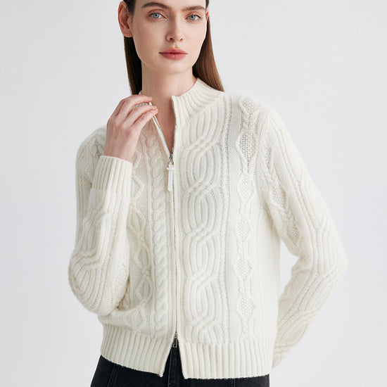 COMOBOCA 100% Cashmere Women's Cable Knit Zip Up Cardigan