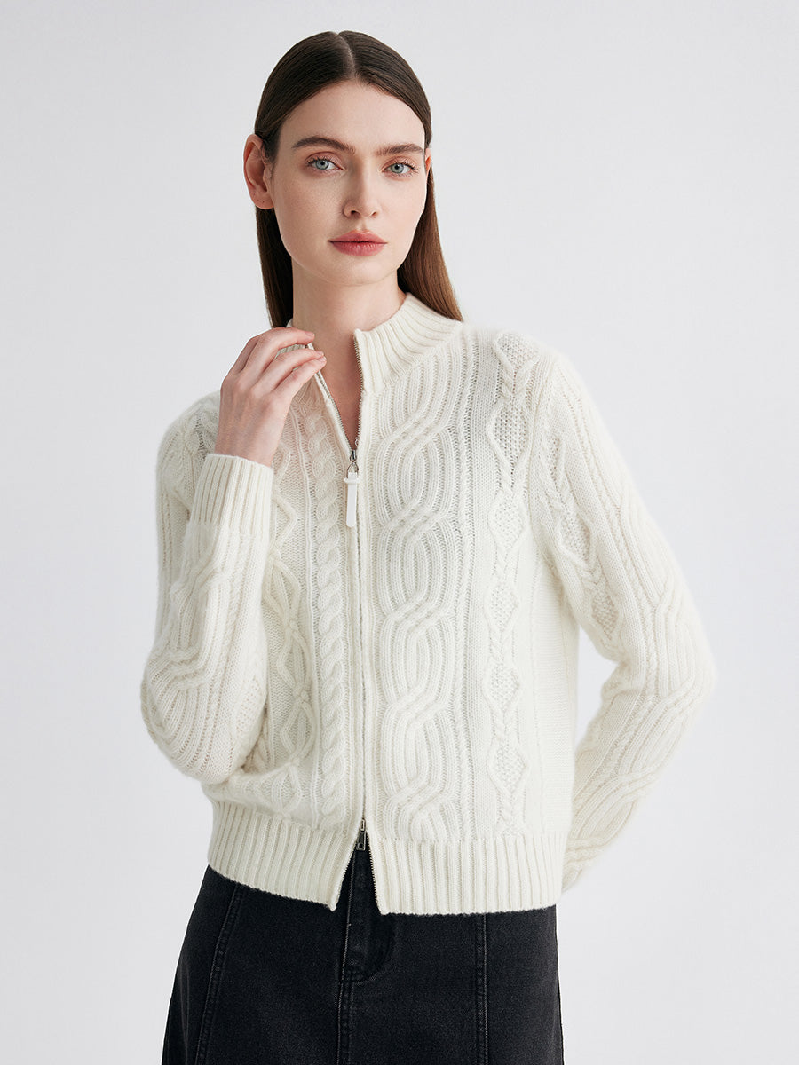 COMOBOCA 100% Cashmere Women's Cable Knit Zip Up Cardigan