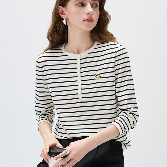 COMOBOCA Women's Striped Henley Button Knit Sweater