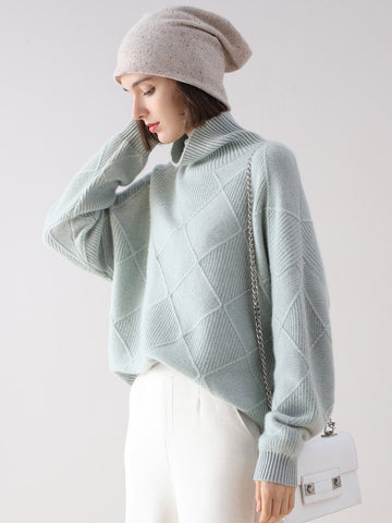 COMOBOCA Light Green 100% Cashmere Women's Diamond Knit Turtleneck Sweater