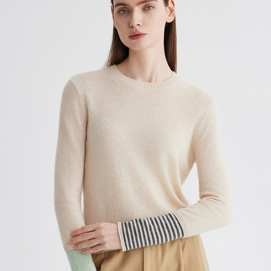 COMOBOCA Beige 100% Cashmere Women's Color-Blocked Sleeve Knit Sweater