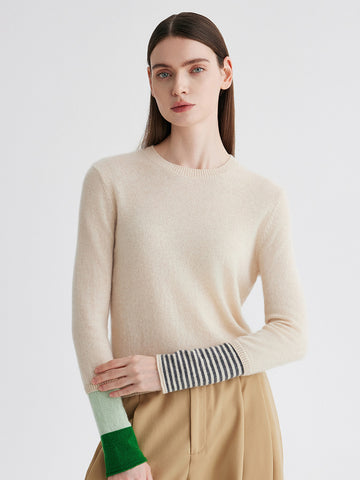 COMOBOCA Beige 100% Cashmere Women's Color-Blocked Sleeve Knit Sweater