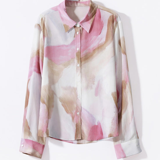 COMOBOCA Light Pink 100% Mulberry Silk Women's Watercolor Print Shirt