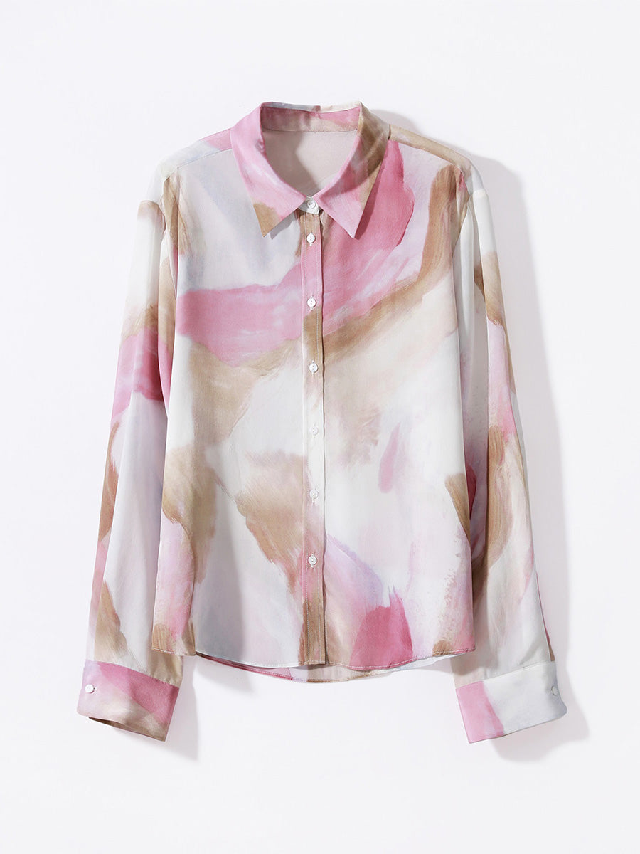 COMOBOCA Light Pink 100% Mulberry Silk Women's Watercolor Print Shirt