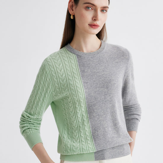 COMOBOCA Gray 100% Cashmere Women's Color Block Cable Knit Sweater