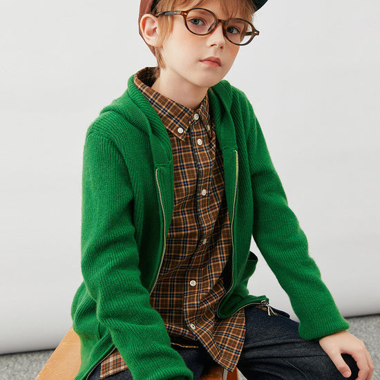 COMOBOCA 100% Wool Kids' Ribbed Zip Up Hooded Cardigan