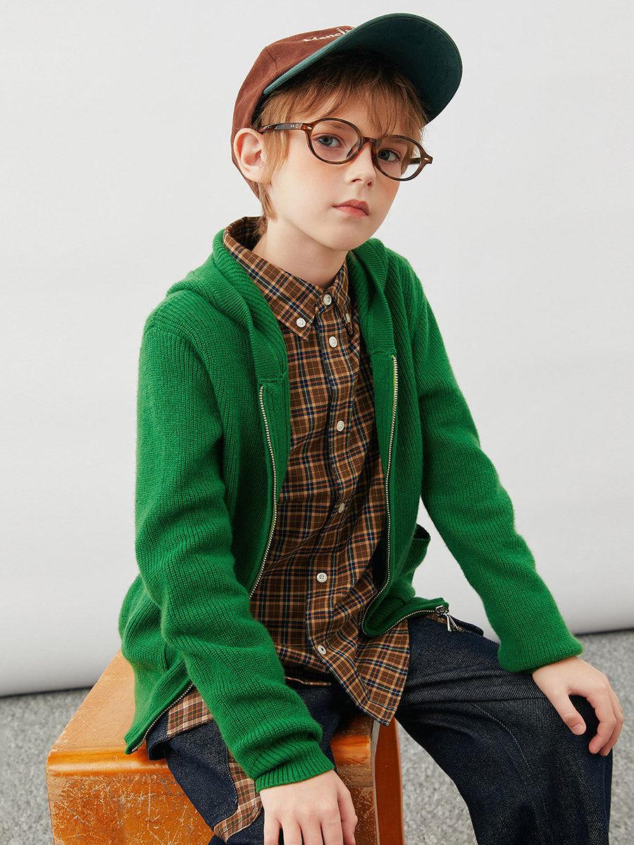 COMOBOCA 100% Wool Kids' Ribbed Zip Up Hooded Cardigan