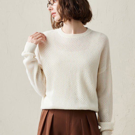 COMOBOCA White 100% Cashmere Women's Breathable Mesh Sweater