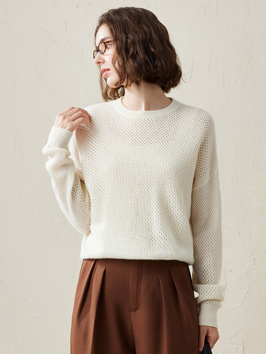 COMOBOCA White 100% Cashmere Women's Breathable Mesh Sweater