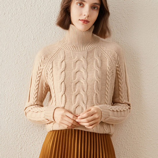 COMOBOCA Camel 100% Cashmere Women's Turtleneck Cable Knit Sweater