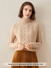 COMOBOCA Camel 100% Cashmere Women's Turtleneck Cable Knit Sweater