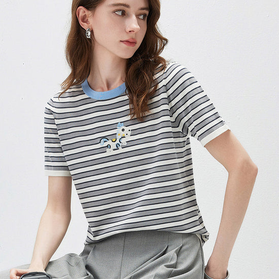 COMOBOCA Women's Embroidery Striped Knit Top