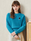 COMOBOCA Turquoise 100% Wool Women's Embroidered Patch Knit Sweater