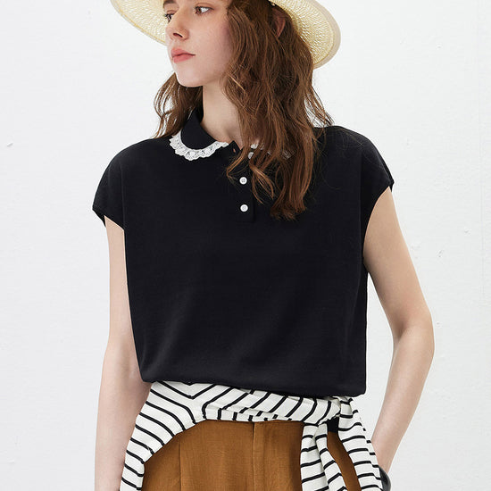 COMOBOCA Black Women's Lace Trim Collar Knit Polo T-Shirt