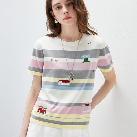 COMOBOCA Women's Farm Scene Striped Knit T-Shirt