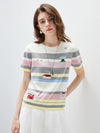 COMOBOCA Women's Farm Scene Striped Knit T-Shirt