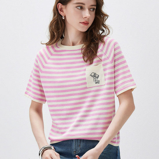 COMOBOCA Women's Striped Embroidered Pocket Knit T-Shirt