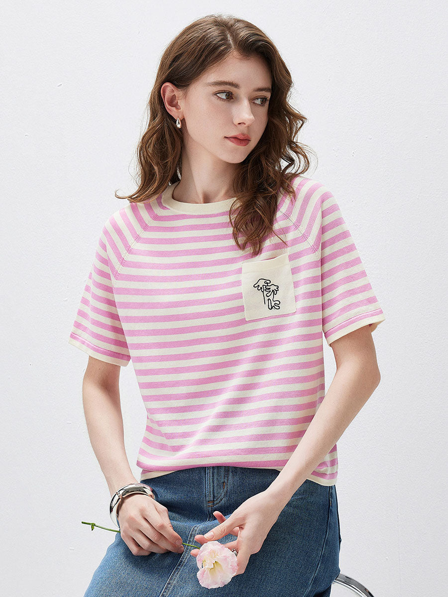 COMOBOCA Women's Striped Embroidered Pocket Knit T-Shirt