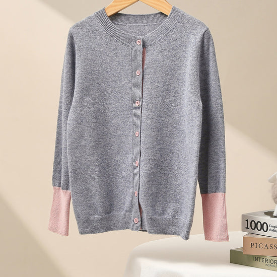 COMOBOCA Gray 100% Wool Kids' Color Contrast Cuff Button Up Cardigan