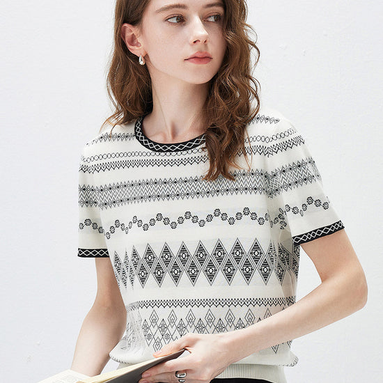 COMOBOCA Women's Fair Isle Geometric Stripe Knit T-Shirt
