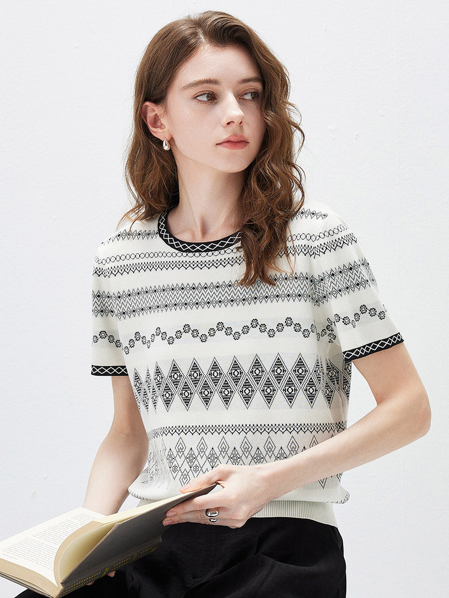 COMOBOCA Women's Fair Isle Geometric Stripe Knit T-Shirt