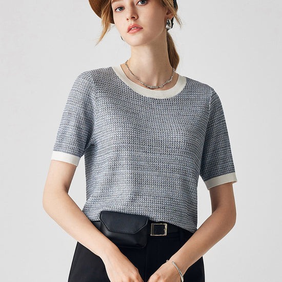 COMOBOCA Blue Women's Chic Striped Knit T-Shirt