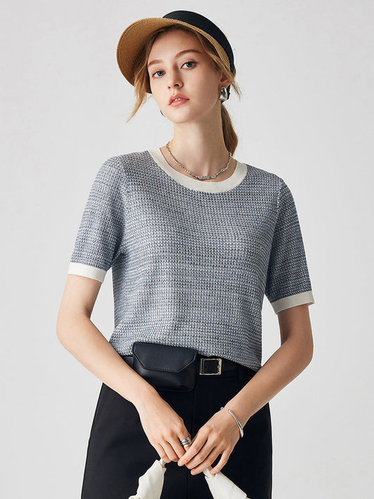 COMOBOCA Blue Women's Chic Striped Knit T-Shirt