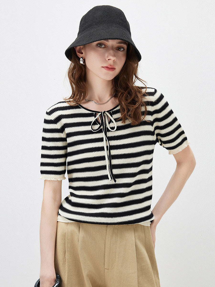 COMOBOCA Black Women's Tie-Neck Striped Knit T-Shirt