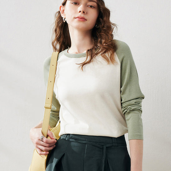 COMOBOCA Light Green Women's Colorblock Raglan Round Neck Sweater