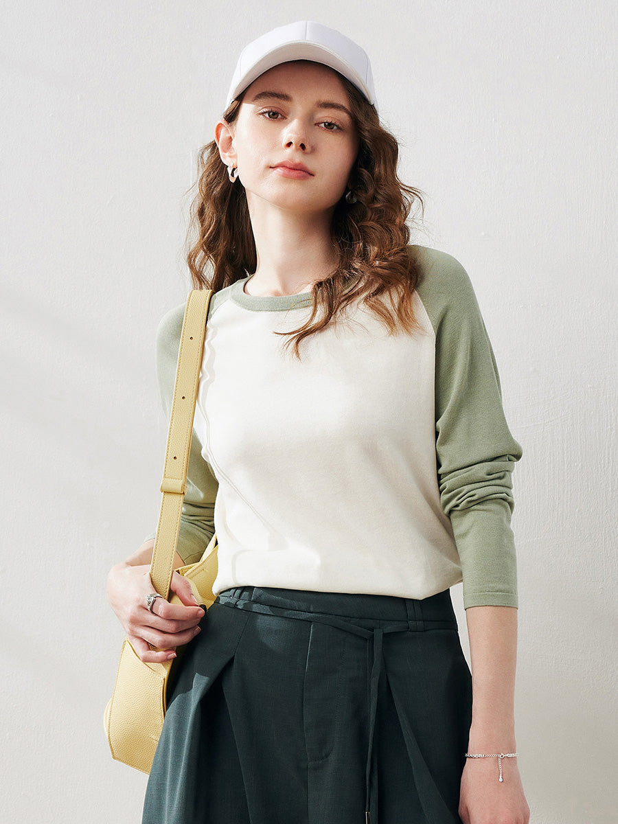 COMOBOCA Light Green Women's Colorblock Raglan Round Neck Sweater