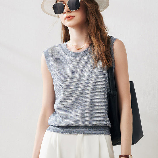 COMOBOCA Dusty Blue Women's Frayed Edge Textured Tank Top