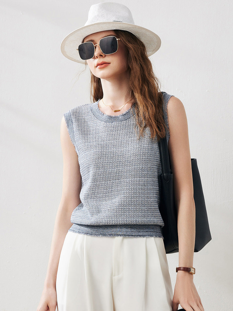 COMOBOCA Dusty Blue Women's Frayed Edge Textured Tank Top