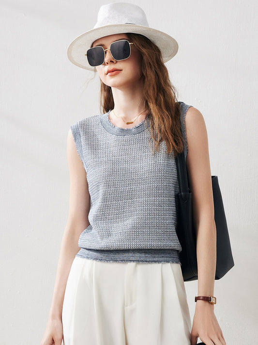 COMOBOCA Dusty Blue Women's Frayed Edge Textured Tank Top