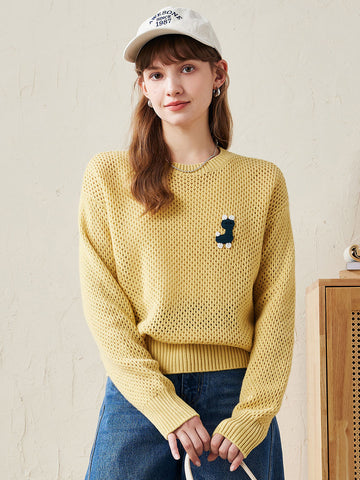 COMOBOCA Yellow 100% Wool Women's Embroidered Patch Knit Sweater