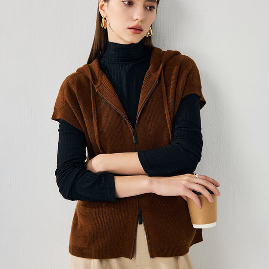 COMOBOCA 100% Cashmere Women's Hooded Double-Head Zipper Vest