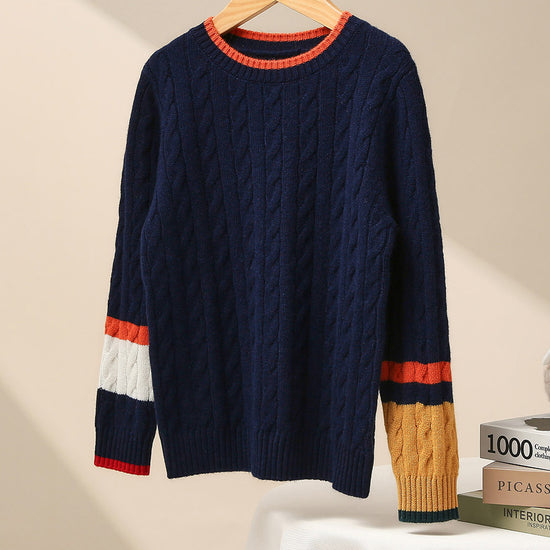 COMOBOCA Navy Blue 100% Wool Kids' Cable Knit Sweater with Color Block Detail