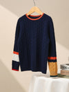 COMOBOCA Navy Blue 100% Wool Kids' Cable Knit Sweater with Color Block Detail