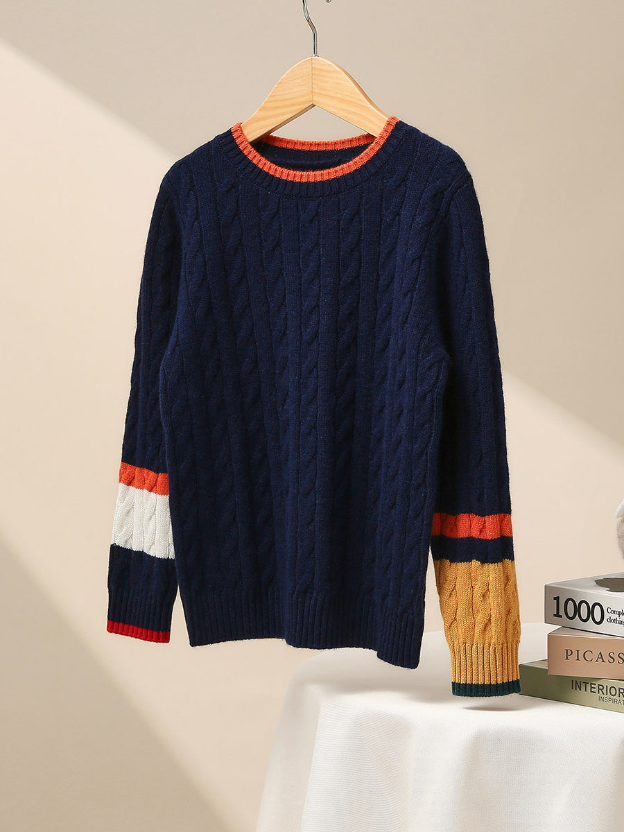 COMOBOCA Navy Blue 100% Wool Kids' Cable Knit Sweater with Color Block Detail