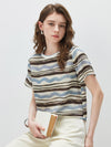 100% Mulberry Silk Women's Vintage Print Round-Neck Short Sleeve T-Shirt