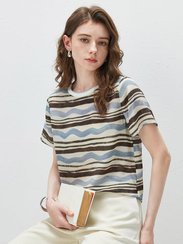 100% Mulberry Silk Women's Vintage Print Round-Neck Short Sleeve T-Shirt