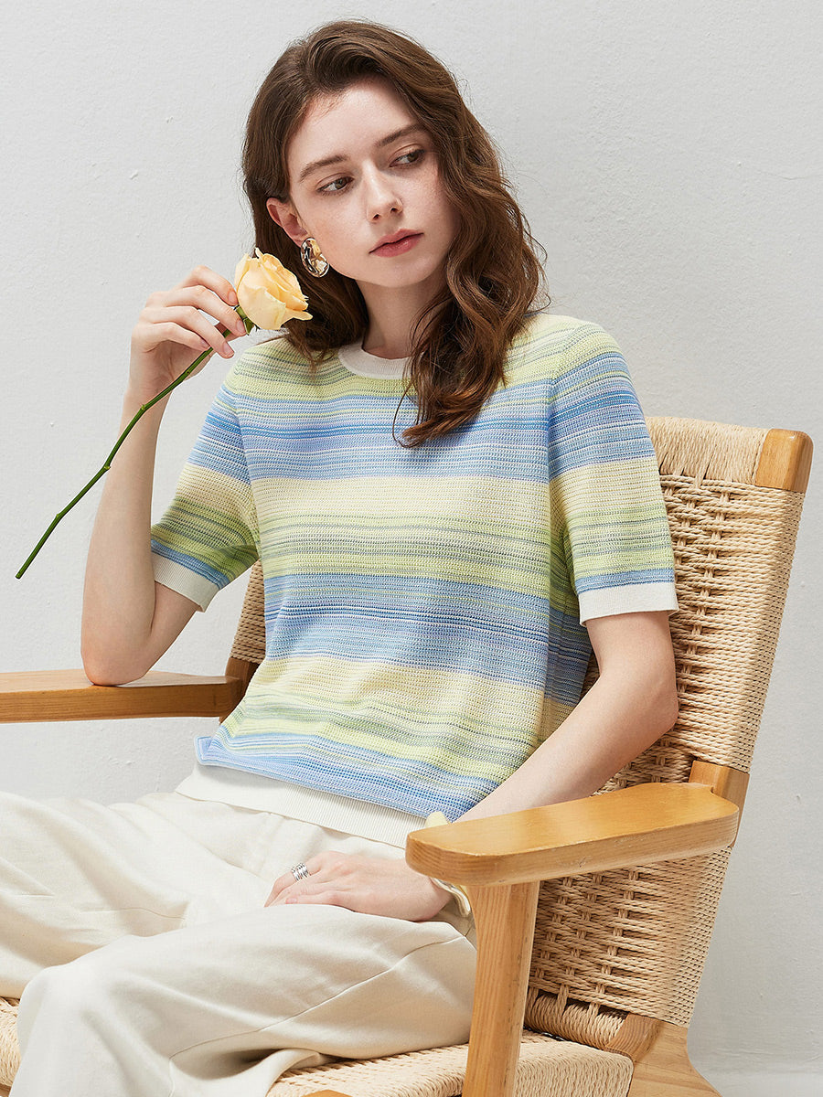 COMOBOCA Women's Gradient Stripe Openwork Knit T-Shirt
