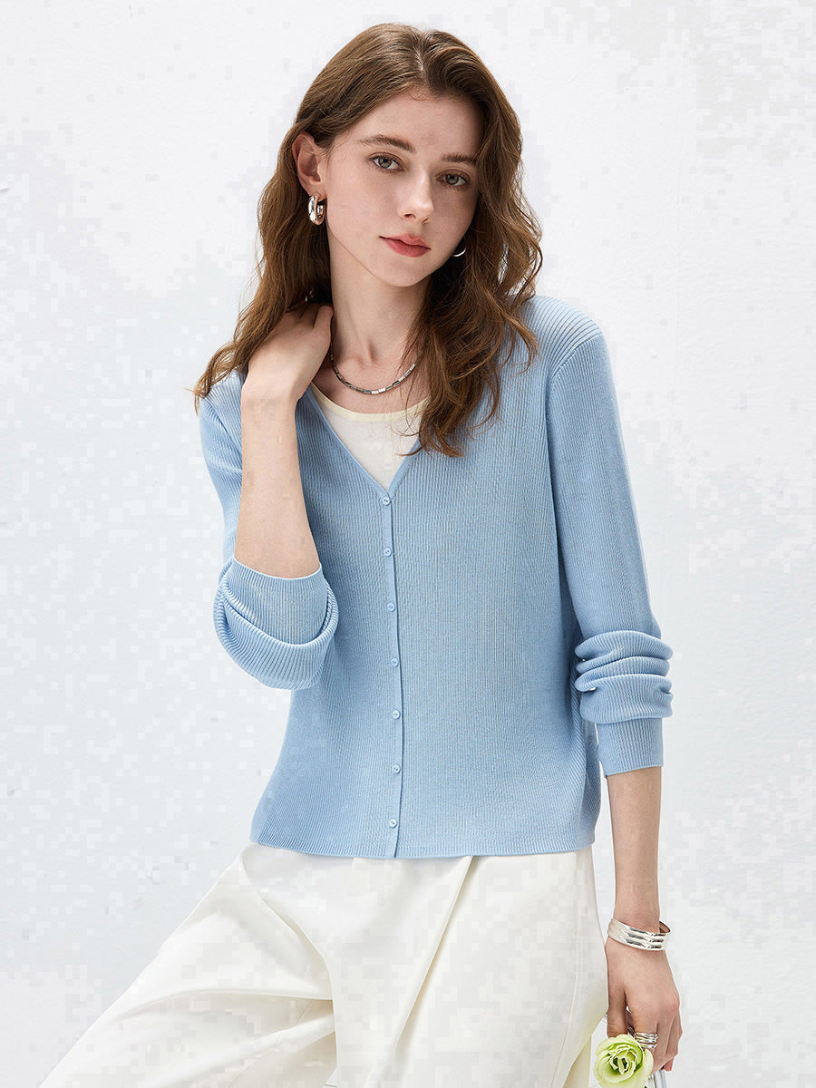 COMOBOCA Women's Ribbed Knit V-Neck Faux Cardigan