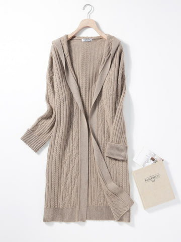 COMOBOCA L BROWN 100% Cashmere Women's Loose Hooded Knit Coat