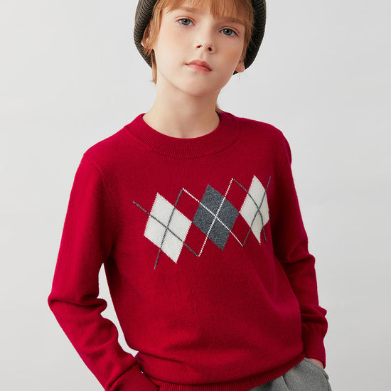 COMOBOCA Red 100% Wool Kids' Argyle Pattern Round Neck Sweater