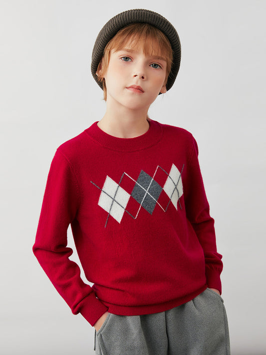 COMOBOCA Red 100% Wool Kids' Argyle Pattern Round Neck Sweater