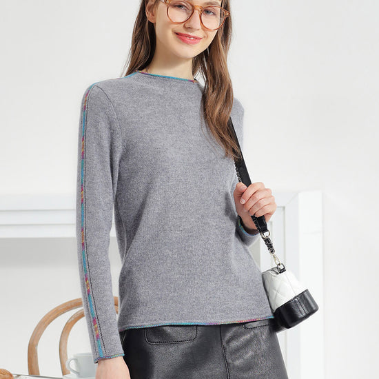 COMOBOCA GREY 100% Cashmere Women's Sweater with Built-in Collar